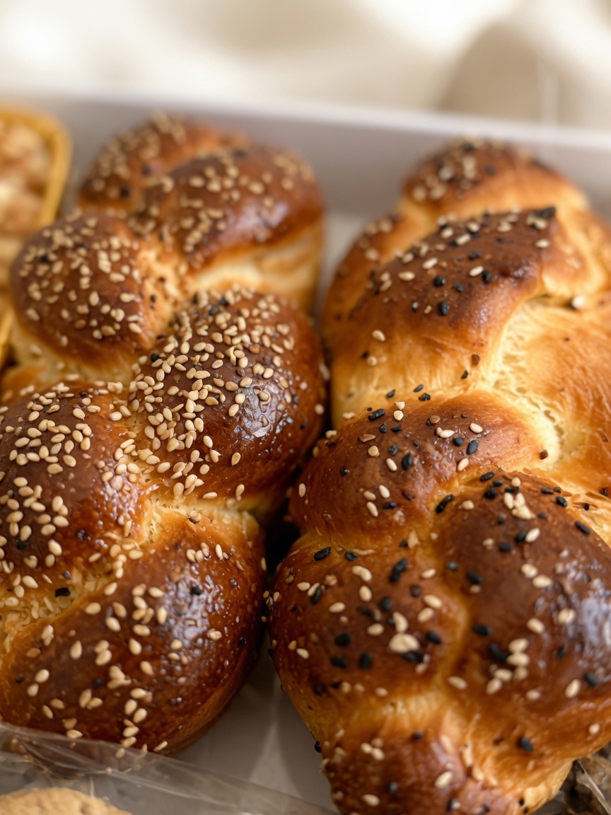 Freshly baked sesame-topped challahs