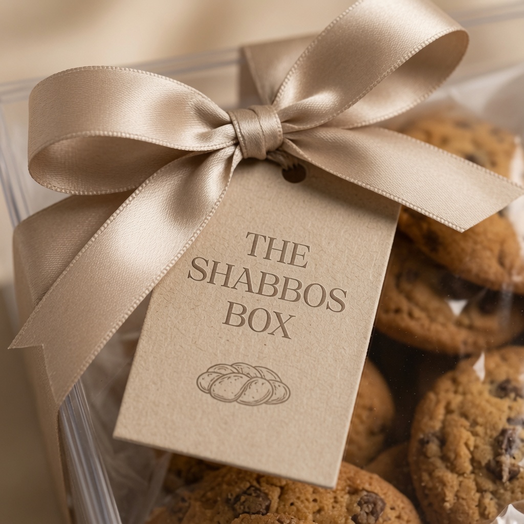 The Shabbos Box gift tag with cream ribbon on a box of cookies