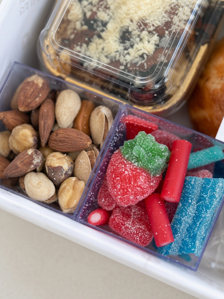 Assorted nuts and candies in a gift box