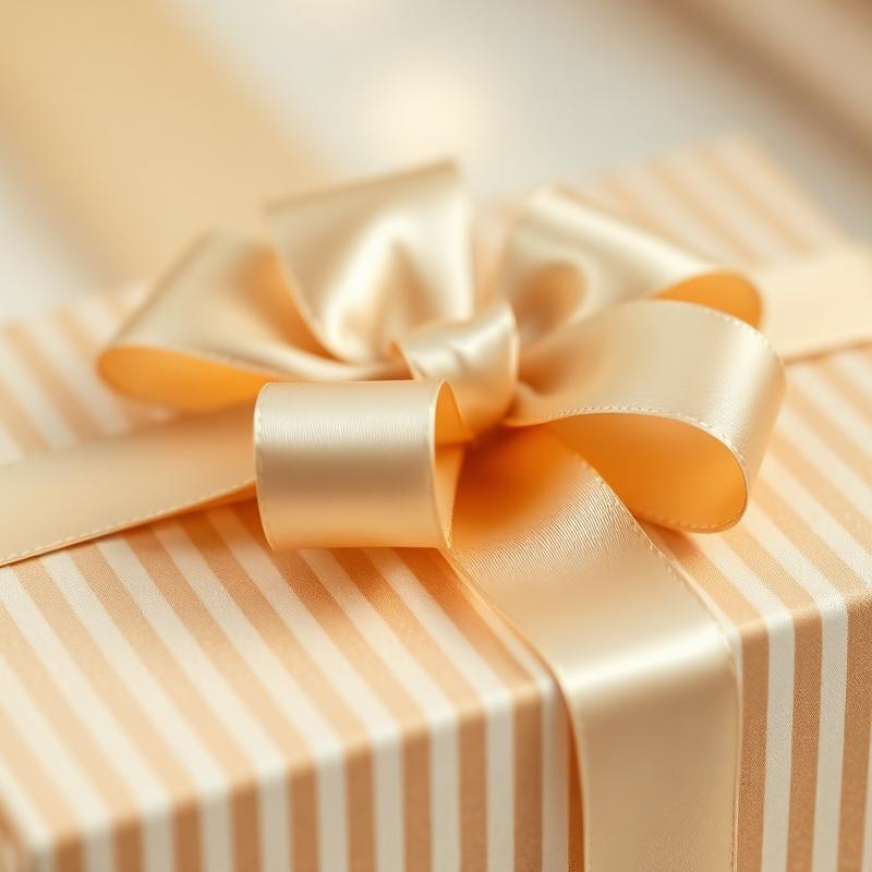 Cream ribbon being tied on a striped gift box